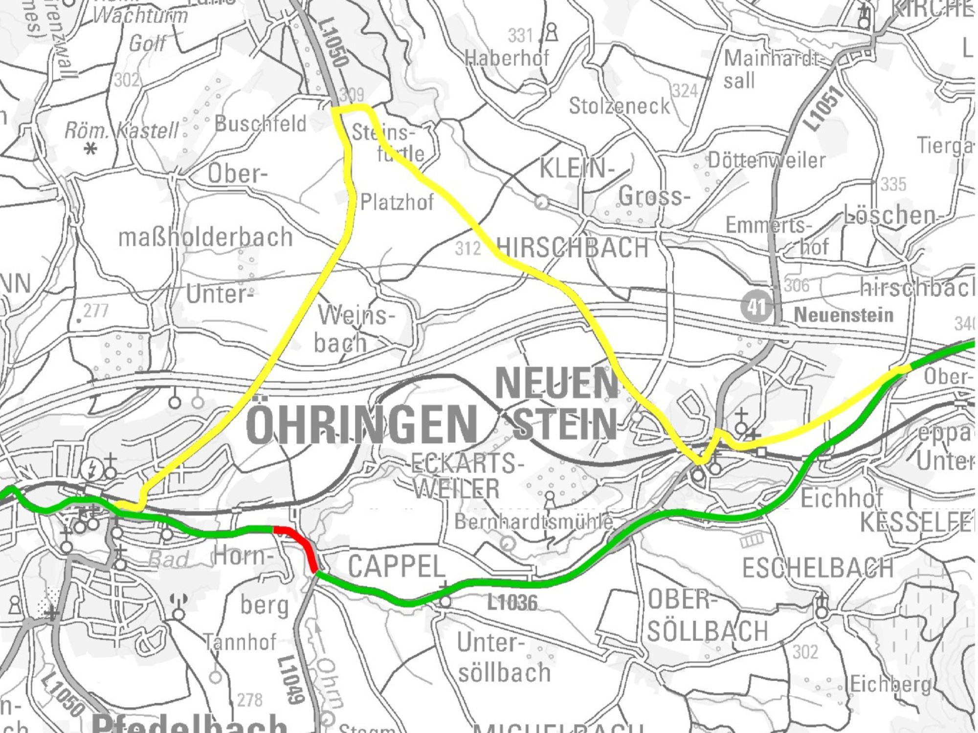 Landkartenausschnitt zwischen Öhringen und Neuenstein Landkartenausschnitt zwischen Öhringen und Neuenstein