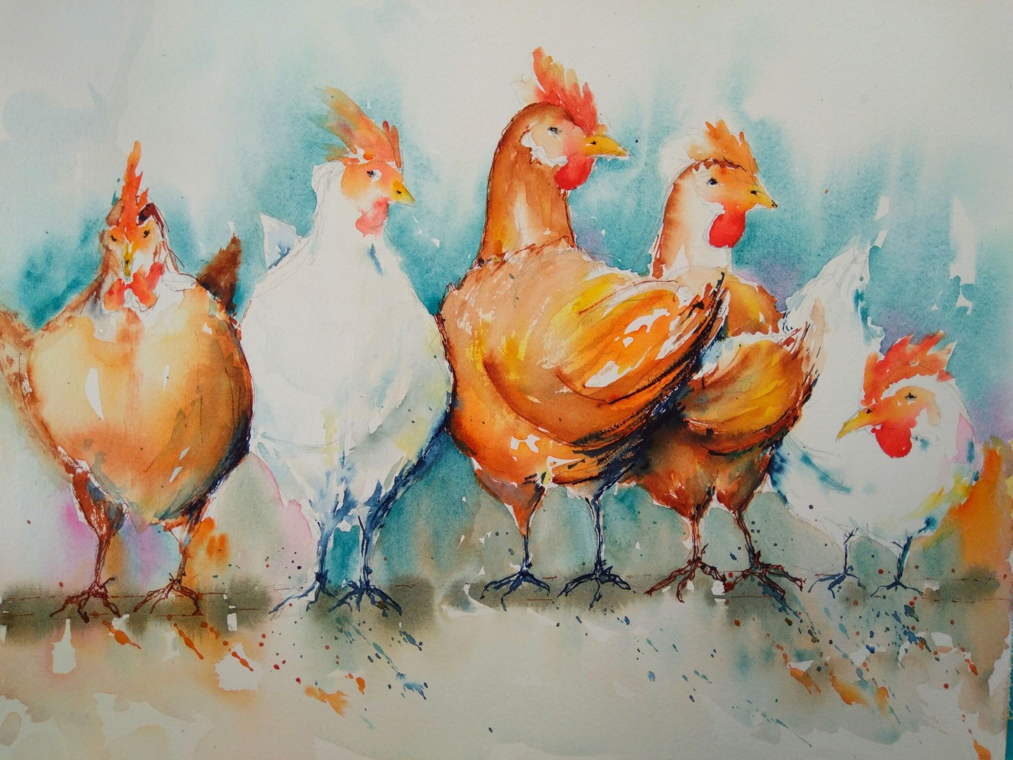 Aquarellbild mit 5 Hühnern Aquarellbild mit 5 Hühnern