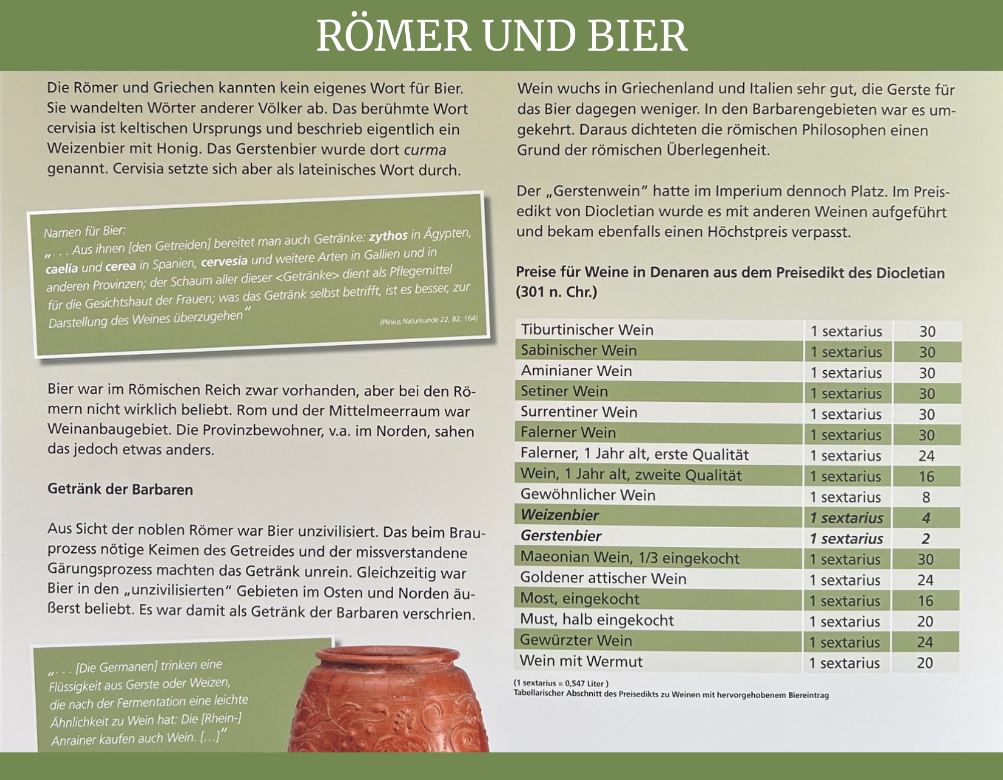 Römer und Bier - Eine Schautafel aus der Ausstellung erklärt die Entstehung von Bier und dessen Namen bei den Römern und Griechen.