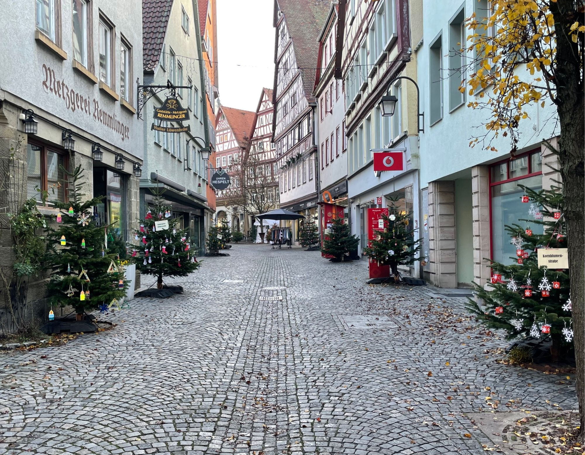 Marktstraße in Öhringen mit dekorierten Weihnachtsbäumen