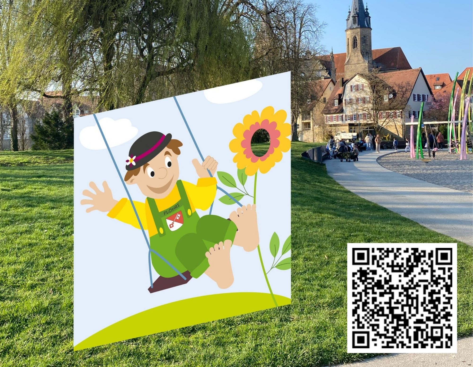 Bildwand mit Flöhri und QR Code zum Spenden